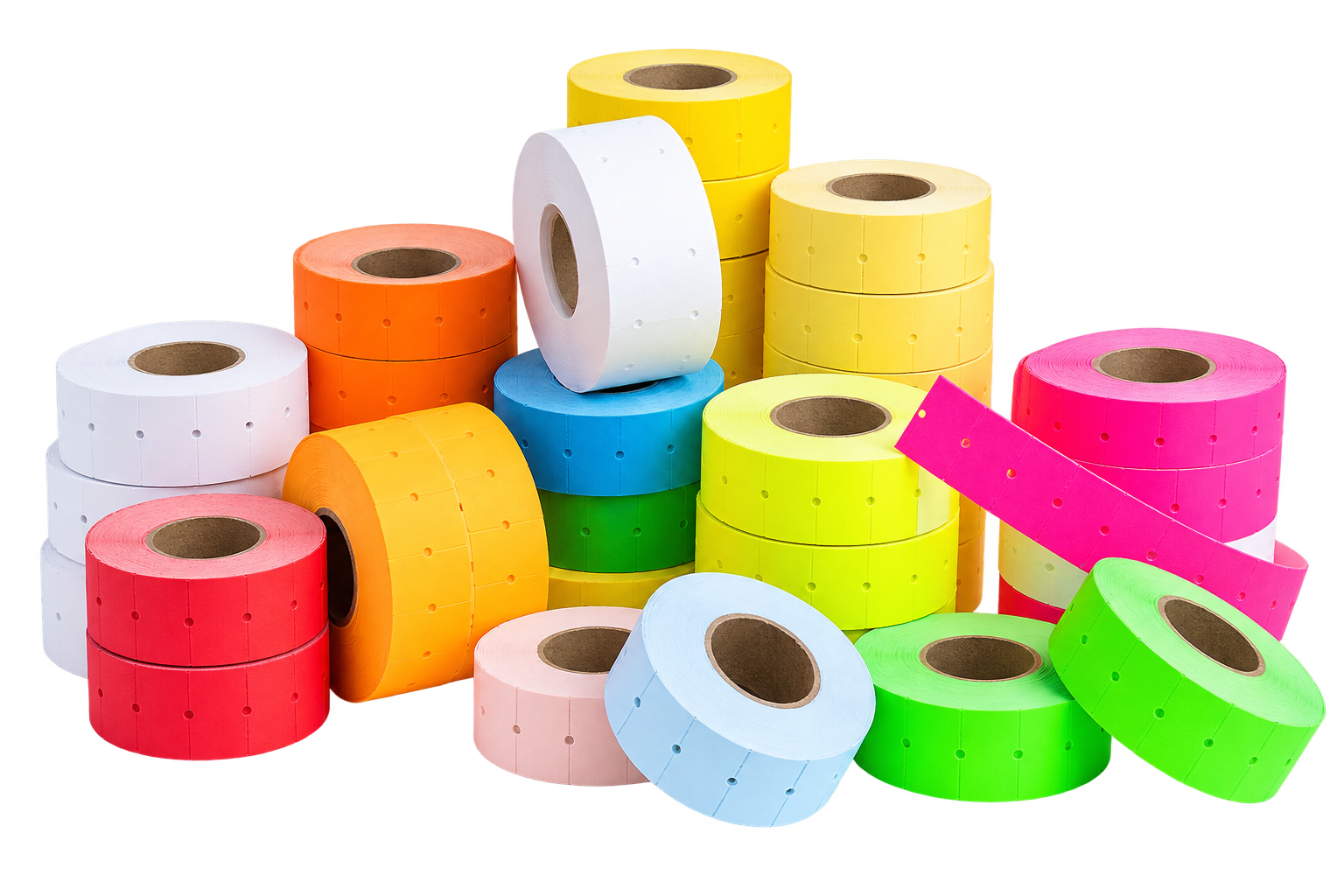 Rollos de etiquetas marca precio blancos, pastel y fluorescentes